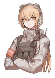 Rule 34 | 1girl, black gloves, blonde hair, cheogtanbyeong, closed mouth, crossed arms, expressionless, girls&#039; frontline, girls&#039; frontline 2: exilium, gloves, hair between eyes, headset, highres, long hair, long sleeves, looking at viewer, military, military uniform, ots-14 (girls&#039; frontline), simple background, solo, uniform, upper body, white background, yellow eyes