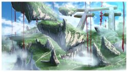 Rule 34 | blue sky, cloud, commentary request, concept art, day, floating island, grass, highres, kuro kosyou, no humans, original, outdoors, path, road, scenery, sketch, sky, torii