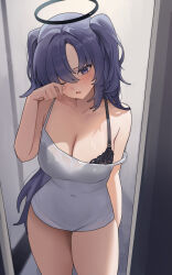 Rule 34 | 1girl, black bra, blue archive, blush, bra, breasts, camisole, cleavage, cowboy shot, halo, highres, large breasts, long hair, mechanical halo, one eye closed, open mouth, purple eyes, purple hair, solo, two side up, underwear, white camisole, yam s2, yuuka (blue archive)