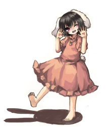 Rule 34 | 1girl, ;d, animal ears, barefoot, black hair, carrot necklace, dress, frilled dress, frills, full body, head tilt, inaba tewi, jewelry, necklace, one eye closed, open mouth, pendant, pink dress, rabbit ears, rabbit girl, rabbit tail, red eyes, short hair, simple background, smile, solo, standing, standing on one leg, tail, touhou, white background, yunuki uta