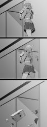 Rule 34 | 1girl, 3koma, ^^^, absurdres, braid, comic, cowboy shot, fate/grand order, fate (series), first aid kit, florence nightingale (fate), from behind, from below, greyscale, highres, hxd, indoors, miniskirt, monochrome, open door, pleated skirt, sidelocks, skirt, soles, walking