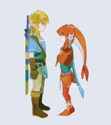 Rule 34 | 1boy, 1girl, arm at side, artist name, brown footwear, brown gloves, brown pants, colored skin, eye contact, fins, fish girl, from side, gloves, green shirt, hand up, highres, jewelry, link, long hair, looking at another, maruta maruta, master sword, mipha, monster girl, multicolored skin, nintendo, pants, red skin, shirt, simple background, the legend of zelda, the legend of zelda: breath of the wild, weapon, weapon on back, white background, zora
