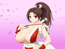 Rule 34 | 1girl, ahegao8, breasts, brown eyes, brown hair, hand fan, fatal fury, folding fan, huge breasts, odhiumfree, ponytail, rope, shiranui mai, snk, the king of fighters