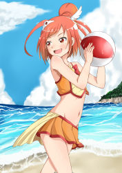 Rule 34 | 10s, 1girl, :d, adapted costume, ball, bare shoulders, beach, beachball, bikini, blue sky, cloud, cure sunny, day, fang, hair bun, hair ornament, happy, highres, hino akane (smile precure!), looking back, magical girl, matching hair/eyes, naginoya, navel, ocean, open mouth, orange eyes, orange hair, outdoors, precure, ribbon, short hair, single hair bun, sky, smile, smile precure!, solo, source request, standing, swimsuit, water, waves