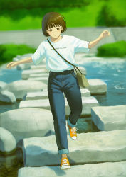 Rule 34 | 1girl, bag, blunt bangs, bob cut, brown eyes, brown hair, day, denim, earrings, handbag, highres, jeans, jewelry, open mouth, original, outdoors, outstretched arms, pants, papi (papiron100), river, rock, running, shirt, shirt tucked in, shoes, short hair, sneakers, solo, stepping stones, stone, t-shirt, water, white shirt