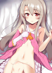 Rule 34 | 1girl, absurdres, bed sheet, blunt bangs, blush, collarbone, detached sleeves, fate/kaleid liner prisma illya, fate (series), from above, gloves, hair between eyes, highres, illyasviel von einzbern, long hair, looking at viewer, lying, navel, neckerchief, on back, orange neckerchief, pear sauce, red eyes, silver hair, solo, stomach, topless, very long hair, white gloves