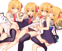 Rule 34 | 4girls, ;o, alternate costume, alternate eye color, barefoot, black legwear, black panties, blonde hair, blush, bow, breasts, closed mouth, collarbone, commentary request, crystal, dress, eyelashes, flandre scarlet, four of a kind (touhou), furrowed brow, hair ribbon, hand on another&#039;s face, looking at viewer, multiple girls, necktie, one eye closed, open mouth, panties, rainbow order, red bow, red eyes, red necktie, red ribbon, ribbon, rimu (kingyo origin), short necktie, sidelocks, simple background, sitting, sleeveless, sleeveless dress, small breasts, thighhighs, thighs, touhou, underwear, white background, wings, yellow eyes