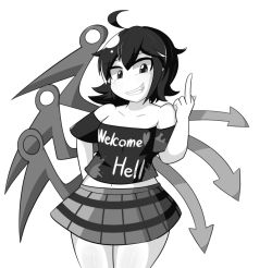 Rule 34 | 1girl, ahoge, asymmetrical wings, bare shoulders, clothes writing, collarbone, cosplay, greyscale, grin, hand on own hip, hecatia lapislazuli, hecatia lapislazuli (cosplay), hip focus, houjuu nue, looking at viewer, manorea, middle finger, miniskirt, monochrome, off-shoulder shirt, off shoulder, shirt, short hair, sketch, skirt, smile, solo, touhou, wings