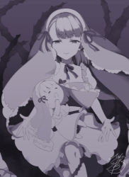 Rule 34 | 1girl, blunt bangs, briar rose (sinoalice), closed mouth, doll, dress, expressionless, hinata mizuiro, looking at viewer, monochrome, puffy short sleeves, puffy sleeves, purple eyes, purple hair, purple theme, ribbon, short sleeves, signature, sinoalice, solo, thorns, veil, yawning