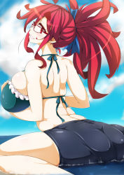 Rule 34 | 1girl, ass, bike shorts, bikini, bikini top only, breast hold, breasts, female focus, from behind, glasses, grin, hair ribbon, highres, huge breasts, long hair, ocean, original, outdoors, ponytail, raiden (artist), raiden (raiden labo), red eyes, red hair, ribbon, sitting, smile, solo, spread legs, summer, swimsuit, water