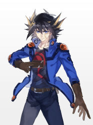 Rule 34 | 1boy, belt, belt buckle, black hair, black shirt, blue eyes, blue jacket, blue pants, brown belt, brown gloves, buckle, card, closed mouth, collarbone, cowboy shot, facial mark, fudo yusei, gloves, grey background, hair between eyes, holding, holding card, jacket, long hair, long sleeves, male focus, multicolored hair, open clothes, open jacket, pants, print shirt, rozy, shirt, simple background, smile, solo, spiked hair, standing, streaked hair, yu-gi-oh!, yu-gi-oh! 5d&#039;s
