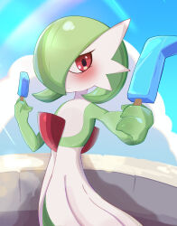 Rule 34 | 1girl, arm up, blue sky, blush, bob cut, closed mouth, cloud, colored skin, creatures (company), day, double popsicle, female focus, flat chest, food, game freak, gardevoir, gen 3 pokemon, green hair, green skin, hair over one eye, hand up, highres, holding, holding food, holding popsicle, incoming food, light rays, looking at viewer, multicolored skin, nintendo, one eye covered, outdoors, outstretched arm, pokemon, pokemon (creature), popsicle, red eyes, samimitan, short hair, shy, sky, solo, standing, sunlight, two-tone skin, white skin