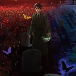 Rule 34 | 1boy, bouquet, brown hair, bug, butterfly, cleaned, coat, collared shirt, eren yeager, flower, grave, graveyard, green coat, green eyes, highres, insect, long coat, long sleeves, necktie, official art, parted bangs, serious, shadow, shingeki no kyojin, shirt, short hair, sleeves past elbows, solo, standing, white shirt