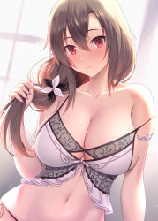 Rule 34 | 1girl, absurdres, areola slip, armband, blush, breasts, brown hair, cleavage, closed mouth, collarbone, commentary, eydis (sao), flower, hair between eyes, hair flower, hair ornament, highres, holding, holding own hair, kawase seiki, large breasts, lingerie, looking at viewer, nail polish, navel, ponytail, red eyes, sidelocks, simple background, smile, solo, sword art online, sword art online: alicization, sword art online: alicization rising steel, underwear, underwear only, upper body, window