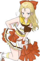 Rule 34 | 1girl, alternate costume, alternate hair ornament, arm behind back, assam (girls und panzer), black neckerchief, blonde hair, blue eyes, blue nails, bow, bow skirt, cheerleader, clothes writing, coco&#039;s, commentary, cross-laced footwear, double horizontal stripe, flying sweatdrops, frilled skirt, frills, frown, girls und panzer, hair bow, hair pulled back, highres, holding, holding pom poms, leaning forward, leg up, logo, long hair, looking at viewer, midriff, miniskirt, nail polish, navel, neckerchief, open mouth, orange bow, pleated skirt, pom pom (cheerleading), pom poms, sailor collar, shirt, shoes, simple background, single horizontal stripe, skirt, sleeveless, sleeveless shirt, socks, solo, standing, standing on one leg, sweatdrop, white background, white footwear, white shirt, white skirt, white socks, wristband, zono (inokura syuzo029)
