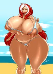 Rule 34 | 1girl, absurdres, beach, bikini, bikini tan, breasts, cloud, cowboy shot, eigaka, gigantic breasts, green eyes, highres, huge breasts, looking at viewer, mature female, multicolored hair, nippleless clothes, nipples, ocean, original, outdoors, plump, red hair, sky, solo, standing, swimsuit, tan, tanline, thick thighs, thighs, two-tone hair, wide hips