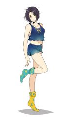 Rule 34 | 1girl, asymmetrical legwear, bare arms, black hair, blue shorts, blue socks, collarbone, crop top, full body, highres, looking at viewer, messy hair, midriff, navel, open mouth, rinwell (tales), short hair, short shorts, shorts, simple background, sleepwear, sleeveless, socks, solo, standing, standing on one leg, stomach, tales of (series), tales of arise, tusia, white background, yellow eyes, yellow socks