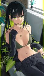 Rule 34 | 1girl, bare shoulders, bikini, black hair, black jacket, black pants, breasts, closed mouth, colored inner hair, couch, earrings, expressionless, green bikini, green eyes, green hair, hand up, highres, jacket, jewelry, long hair, long sleeves, looking at viewer, medium breasts, multicolored hair, navel, necklace, noeru, off shoulder, open clothes, open jacket, original, pants, ring, sitting, sitting sideways, solo, stomach, strap gap, string bikini, swimsuit, two-tone hair