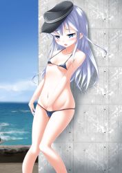 Rule 34 | 1girl, :o, against wall, anchor symbol, arm at side, bikini, black bikini, black hat, blue eyes, blurry, blush, breasts, cloud, collarbone, commentary request, day, depth of field, female masturbation, fingering, flat cap, groin, half-closed eyes, halterneck, hand under clothes, hand under swimsuit, hat, hibiki (kancolle), highres, horizon, kantai collection, kaze makase, knees together feet apart, long hair, looking down, masturbation, micro bikini, navel, ocean, open mouth, outdoors, sidelocks, silver hair, skindentation, sky, small breasts, solo, standing, stomach, string bikini, swimsuit, torogao, underboob, very long hair
