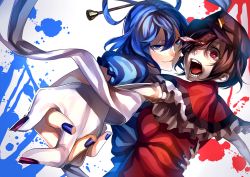 Rule 34 | 2girls, black hair, blue dress, blue eyes, blue hair, capelet, dress, hair ornament, hair rings, hair stick, hat, holding hands, kaku seiga, looking at viewer, md5 mismatch, miyako yoshika, multiple girls, nail polish, ofuda, open mouth, outstretched arms, puffy sleeves, red eyes, resized, resolution mismatch, shawl, shirt, short hair, short sleeves, simple background, smile, source larger, star (symbol), tongue, touhou, u u zan, upscaled