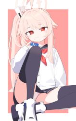 Rule 34 | 1girl, ahoge, black sailor collar, black skirt, black thighhighs, blue archive, border, buttons, commentary, dot nose, drink, drinking, drinking straw, hair flaps, hair ornament, halo, hand up, highres, holding, holding drink, jacket, legs, light blush, long hair, long sleeves, looking at viewer, mabera, milk carton, natsu (blue archive), neckerchief, on floor, panties, pantyshot, pink background, pink hair, pleated skirt, red eyes, red neckerchief, sailor collar, serious, side ponytail, sidelocks, sitting, skirt, solo, thighhighs, thighs, underwear, white border, white footwear, white jacket, white panties