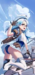 Rule 34 | 1girl, :d, aircraft, ammunition, ammunition belt, ass, belt, belt pouch, blue hair, blue panties, blue shirt, blue sky, blush, boots, breasts, brown gloves, bullpup, cloud, cloudy sky, commentary, cropped shirt, day, double-barreled shotgun, english commentary, foot out of frame, from side, glasses, gloves, goddess of victory: nikke, gradient hair, green eyes, gun, hair ornament, hairclip, hat, helicopter, high heel boots, high heels, highres, holding, holding gun, holding weapon, kel-tec ksg, light blue hair, long hair, looking at viewer, military hat, miniskirt, multicolored hair, multiple-barrel firearm, neon (nikke), open mouth, outdoors, panties, parted bangs, pleated skirt, pouch, pump-action shotgun, pump action, rasipan, shirt, shotgun, shotgun shell, side-by-side-barreled shotgun, skirt, sky, small breasts, smile, solo, standard manufacturing dp-12, standing, standing on one leg, swimsuit, swimsuit under clothes, thigh boots, thighhighs, thighs, two-tone hair, underwear, upskirt, waving, weapon, white footwear, white hair, white hat, white shirt, white skirt, white thighhighs