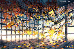 Rule 34 | autumn, bird, commentary, commentary request, dove, english commentary, highres, indoors, leaf, maple leaf, maple tree, no humans, original, tree, watermark, web address, yuumei
