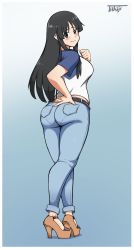 Rule 34 | 1girl, absurdres, akiyama mio, ass, black hair, blush, breasts, brown eyes, casual, denim, embarrassed, from behind, high heels, highres, huge ass, jeans, k-on!, large breasts, long hair, looking at viewer, looking back, pants, pantylines, shiny clothes, shirt, sideboob, solo, tsukijitums