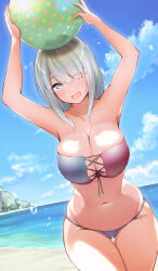 Rule 34 | 1girl, arms up, ball, bandeau, beach, beachball, beyblade, bikini, blue bikini, blue sky, breasts, cleavage, cloud, commentary request, day, dermar, eyes visible through hair, grey eyes, grey hair, hair over one eye, heterochromia, highres, holding, holding ball, horizon, large breasts, long hair, looking at viewer, navel, ocean, open mouth, outdoors, pink eyes, sainen yuko, skindentation, sky, smile, solo, standing, stomach, striped bikini, striped clothes, swimsuit, water drop