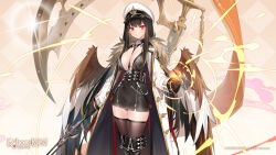 Rule 34 | 1girl, artist request, between breasts, black dress, black footwear, black hair, boots, breasts, chain, coat, copyright notice, cowboy shot, dress, echocalypse, fur-trimmed coat, fur trim, hat, highres, holding, holding weapon, large breasts, logo, mole, mole on breast, mole under eye, official art, open clothes, open coat, peaked cap, red eyes, scythe, second-party source, solo, thigh boots, thighhighs, vedfolnir (echocalypse), weapon, weapon on back, white coat, white hat, wings, zettai ryouiki