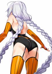 Rule 34 | 1girl, ahoge, alternate costume, ass, bare shoulders, black leotard, braid, breasts, elbow gloves, facing away, fingerless gloves, from behind, garter straps, gloves, kizuna akari, leaning forward, leotard, long hair, medium breasts, orange gloves, orange thighhighs, silver hair, simple background, solo, standing, striped clothes, striped gloves, striped thighhighs, thighhighs, twin braids, vertical-striped clothes, vertical-striped gloves, vertical-striped thighhighs, very long hair, voiceroid, white background, yodare (3yami8)