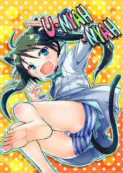 Rule 34 | 1girl, animal ears, ass, back, barefoot, black hair, blue eyes, blush, cat ears, cat tail, fang, feet, francesca lucchini, from behind, hair ribbon, jacket, long hair, long sleeves, looking at viewer, looking back, military, military uniform, mimishiki, no pants, open mouth, panties, ribbon, solo, strike witches, striped clothes, striped panties, tail, twintails, underwear, uniform, world witches series
