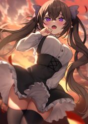Rule 34 | 1girl, black skirt, black thighhighs, blush, brown hair, buttons, clothes lift, collared shirt, frilled skirt, frills, hair between eyes, highres, himekaidou hatate, long hair, long sleeves, looking at viewer, open mouth, pointy ears, purple eyes, shirt, skirt, skirt lift, solo, suspender skirt, suspenders, thighhighs, touhou, twintails, white shirt, wind, wind lift, wowoguni