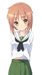Rule 34 | 10s, 1girl, arms behind back, bad id, bad pixiv id, blouse, blush, brown eyes, brown hair, girls und panzer, green skirt, head tilt, kinta (distortion), long sleeves, looking at viewer, navel, neckerchief, nishizumi miho, ooarai school uniform, pleated skirt, school uniform, serafuku, shirt, short hair, simple background, skirt, smile, solo, standing, upper body, white background, white shirt