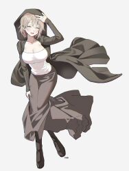 Rule 34 | 1girl, :d, ^ ^, artist name, black footwear, black jacket, blush, boots, breasts, cleavage, closed eyes, dungeon meshi, falin touden, falin touden (tallman), floating clothes, full body, grey hair, grey skirt, hand on own leg, hand up, hashtag-only commentary, haze (ohw8g), highres, hood, hooded jacket, jacket, large breasts, long skirt, long sleeves, open mouth, shirt, short hair, simple background, skin tight, skirt, smile, solo, white background, white shirt