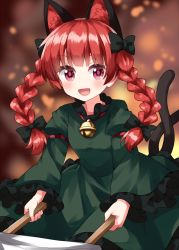 Rule 34 | 1girl, :d, animal ears, bell, black bow, blurry, blurry background, bow, braid, cat ears, cat tail, depth of field, dress, extra ears, fire, frills, green dress, hair bow, highres, holding, jingle bell, kaenbyou rin, long sleeves, multiple tails, neck bell, nekomata, one-hour drawing challenge, open mouth, puffy sleeves, red eyes, red hair, ruu (tksymkw), smile, solo, standing, tail, touhou, twin braids, two tails, wheelbarrow, wide sleeves