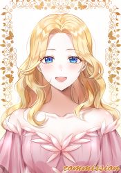 Rule 34 | 1girl, bare shoulders, blonde hair, blue eyes, blush, breasts, commentary, commission, copyright request, dress, large breasts, long hair, open mouth, parted bangs, pink dress, smile, solo, ubi (ekdus6080), wavy hair