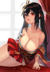 Rule 34 | 1girl, absurdres, ahoge, arl, arm support, azur lane, bare shoulders, black hair, blush, breasts, cleavage, collarbone, crossed bangs, feather-trimmed sleeves, hair between eyes, hair ribbon, head tilt, highres, indoors, japanese clothes, kimono, large breasts, long hair, long sleeves, looking at viewer, lying, mask, mask on head, off shoulder, on side, open mouth, red eyes, red kimono, red ribbon, ribbon, solo, taihou (azur lane), thighs, tongue, tongue out, twintails, very long hair, wide sleeves, window