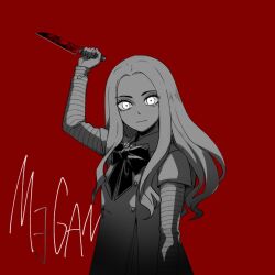 Rule 34 | 1girl, blood, bloody knife, bow, character name, copyright name, expressionless, forehead, holding, holding knife, holding weapon, knife, limited palette, long hair, long sleeves, looking at viewer, m3gan, m3gan (character), manoi, neck ribbon, red background, ribbon, solo, striped, striped sleeves, weapon, white eyes