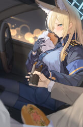 Rule 34 | 1boy, 1girl, animal ear fluff, animal ears, armband, black pantyhose, blonde hair, blue archive, blue armband, blue eyes, blue gloves, blue jacket, blue necktie, blue shirt, blurry, blush, bokeh, bread bun, breasts, brown jacket, can, car interior, commentary, depth of field, dog ears, dog girl, embarrassed, food, from side, gloves, hair behind ear, hair over one eye, hand up, highres, holding, holding can, holding food, jacket, kanna (blue archive), large breasts, long hair, long sleeves, looking at viewer, looking to the side, necktie, on vehicle, pallad, pantyhose, police, police uniform, policewoman, sensei (blue archive), shirt, shirt tucked in, steering wheel, tie clip, uniform