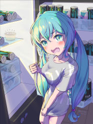 Rule 34 | 1girl, afterimage, angry, aqua eyes, aqua hair, blush, brand name imitation, breasts, clenched hand, commentary, cowboy shot, crying, cup, fang, food, grey shirt, hair tie, hatsune miku, highres, long hair, looking at viewer, magical mirai (vocaloid), magical mirai miku, magical mirai miku (2020 summer), magical mirai miku (2020 winter), magnet, medium breasts, monster energy, night, open mouth, pudding, refrigerator, shirt, shirt tug, skin fang, standing, tears, twintails, twitter username, very long hair, vocaloid, yu-ame