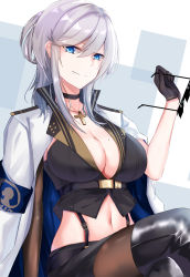 Rule 34 | 1girl, azur lane, black footwear, black gloves, black pantyhose, black shirt, black skirt, blue eyes, boots, breasts, cleavage, closed mouth, crop top, cross, cross necklace, crossed legs, deal with it (meme), detached sleeves, earrings, eternity (pixiv8012826), eyebrows, eyes visible through hair, unworn eyewear, garter straps, gloves, hair between eyes, hand up, highres, holding, holding removed eyewear, jacket, jacket on shoulders, jewelry, large breasts, long sleeves, looking at viewer, meme, miniskirt, mole, mole on breast, navel, necklace, no bra, open clothes, open jacket, outstretched arm, pantyhose, pencil skirt, popped collar, shirt, short hair, silver hair, single detached sleeve, single sleeve, sitting, skindentation, skirt, sleeveless, sleeveless shirt, solo, star (symbol), stomach, suspenders, tachi-e, thigh boots, thighhighs, thighs, tight clothes, tsurime, turret, washington (azur lane), white jacket, wristband