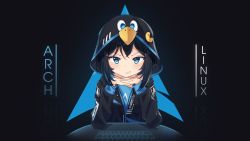 Rule 34 | 1girl, absurdres, arch linux, bird, black hair, black jacket, blue eyes, commentary, copyright name, english commentary, english text, highres, hood, hood up, hooded jacket, jacket, linux, logo, looking at viewer, os-tan, pac-man, penguin, personification, raviolimavioli, short hair, smirk, solo, teeth