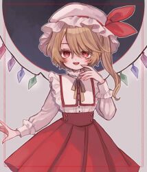 Rule 34 | 1girl, commentary, cowboy shot, crystal, fangs, flandre scarlet, hand up, hat, hat ribbon, long hair, long sleeves, looking at viewer, mob cap, open mouth, red eyes, red ribbon, red skirt, ribbon, shirt, side ponytail, skirt, smile, solo, symbol-only commentary, touhou, white hat, white shirt, wings, yellow ribbon, yujup