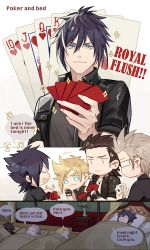 Rule 34 | 10s, ace (playing card), ace of hearts, bed, black hair, card, chibi, comic, english text, final fantasy, final fantasy xv, ginmu, gladiolus amicitia, heart, holding, holding card, ignis scientia, jack (playing card), jack of hearts, king (playing card), king of hearts (playing card), male focus, noctis lucis caelum, playing card, poker, prompto argentum, queen (playing card), queen of hearts (playing card), sleeping, sparkle