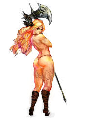 Rule 34 | 1girl, amazon (dragon&#039;s crown), amazon warrior, ass, axe, bikini, blonde hair, blue eyes, boots, circlet, dragon&#039;s crown, feathers, g-string, halberd, huge ass, muscular, panties, polearm, solo, swimsuit, tattoo, thick thighs, thighs, thong, thong bikini, trnth, underwear, vanillaware, weapon