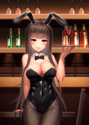 Rule 34 | 1girl, animal ears, bar (place), black bow, black bowtie, black leotard, black pantyhose, blunt bangs, bottle, bow, bowtie, breasts, brown hair, chair, chinese commentary, cleavage, commentary request, cowboy shot, detached collar, dsr-50 (girls&#039; frontline), fake animal ears, girls&#039; frontline, highres, large breasts, leotard, long hair, looking at viewer, pantyhose, playboy bunny, rabbit ears, rabbit girl, red eyes, shoron, solo, strapless, strapless leotard, table, tray