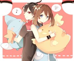 Rule 34 | 1boy, 1girl, back-to-back, bad id, bad pixiv id, black hair, blue eyes, blush stickers, brown hair, character doll, couple, creatures (company), game freak, gen 3 pokemon, mudkip, musical note, nintendo, poke ball, pokemon, pokemon (creature), pokemon adventures, prin dog, quaver, red eyes, brendan (pokemon), may (pokemon), short hair, smile, spoken musical note, spoken squiggle, squiggle, torchic, wristband