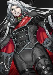 Rule 34 | 1boy, alessandro cagliostro (fate), braid, buttons, cape, double-breasted, facial hair, facial mark, fate/grand order, fate (series), goatee, green eyes, grey hair, heterochromia, long hair, male focus, red cape, red eyes, rkp, signature, smile