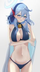 Rule 34 | 1girl, ako (blue archive), arm under breasts, bell, bikini, blue archive, blue eyes, blue hair, blue halo, breasts, cleavage, cleavage cutout, clothing cutout, halo, highres, katagirinanoka, large breasts, looking at viewer, mole, mole under eye, navel, neck bell, playing with own hair, solo, swimsuit